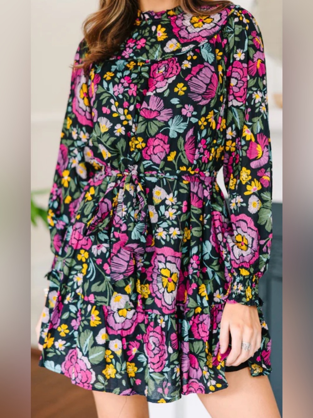 Fate Black Floral Dress with Pink and Yellow Blooms